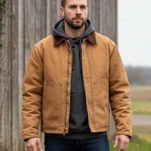 Vintage 80s Carhartt Muleskins XL Tan Canvas Red Quilted Lining Work Jacket